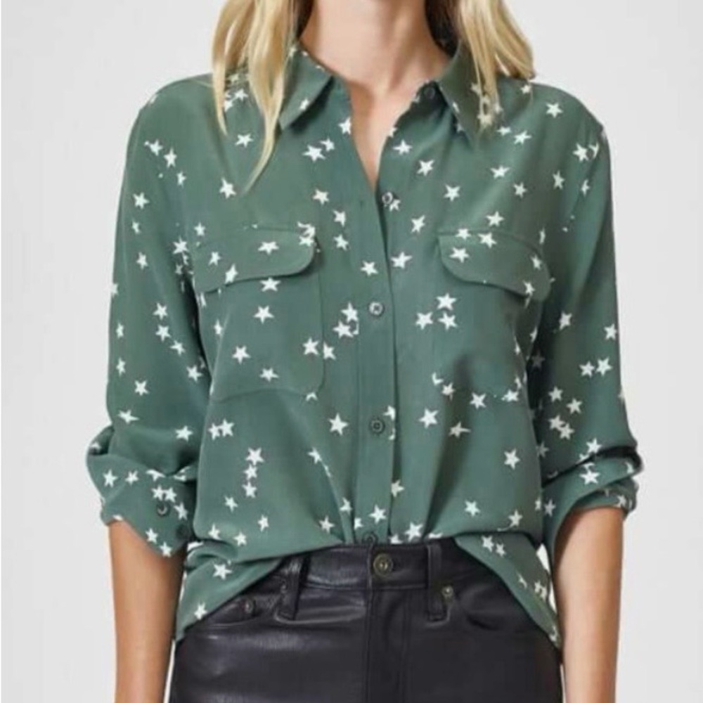 Green Star Print Silk Button-Up Shirt